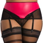 plus size-096 Pink vinyl garter belt 6 straps with polka dot mesh M-9XL Garter Belts-Nine X