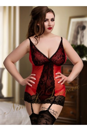 086 Nine X Plus Size Lingerie S-6XL Mesh Babydoll with suspender straps Red