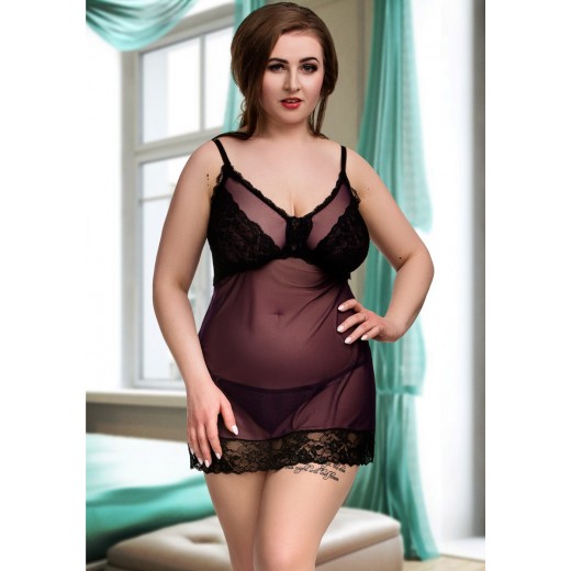 plus size-080 Nine X Sexy Mesh with Lace panels Plus Size Lingerie 12-22 L-5XL Purple Babydolls-Nine X