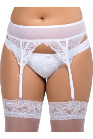 068 Floral Lace & Mesh Garter Belt - White S-8XL