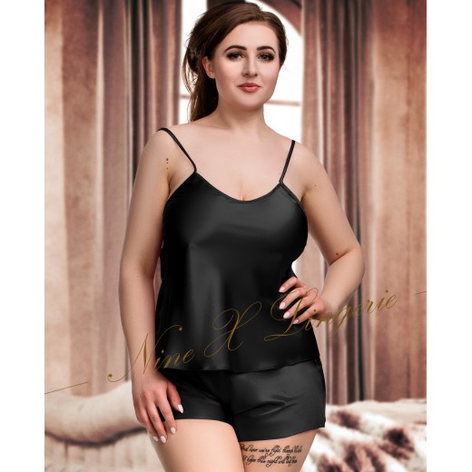 plus size-082 Plus Size Satin Cami Set S-6XL 8-24 Black Cami Sets-Nine X