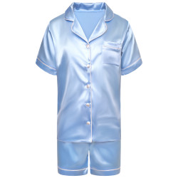 120 Light Blue Kids Satin Short Sleeve pj's with white piping