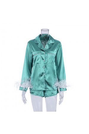 1026 Teal - NEW 2022 Satin Pyjama Set Removable Feather S-XL 100% Polyester (doesn't match Nine X robes)