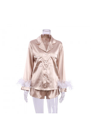 1026 Champagne - NEW 2022 Satin Pyjama Set Removable Feather S-XL 100% Polyester (doesn't match Nine X robes)
