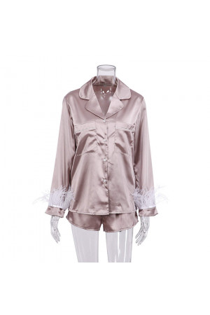 1026 Dusty Rose - NEW 2022 Satin Pyjama Set Removable Feather S-XL 100% Polyester (doesn't match Nine X robes)