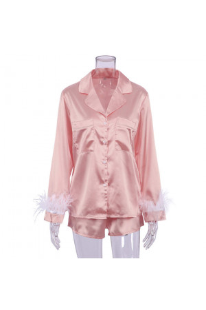 1026 Blush - NEW 2022 Satin Pyjama Set Removable Feather S-XL 100% Polyester (doesn't match Nine X robes)