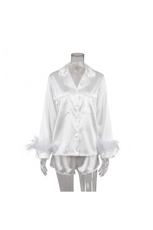 1026 White - NEW 2022 Satin Pyjama Set Removable Feather S-XL 100% Polyester (doesn't match Nine X robes)