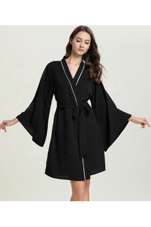 2025 - NEW 2022 Black Chiffon Kimono Robe with piping (see-through)
