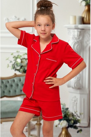 555 Kids Red Cotton pajama with piping
