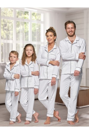664 Women's White Long Cotton pajama with piping