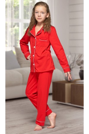 664 Kids Red Long Cotton pajama with piping