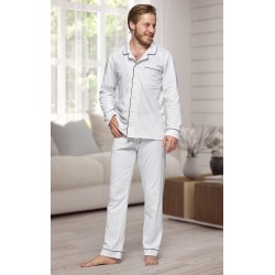 665 Men's White Long Cotton pajama with piping
