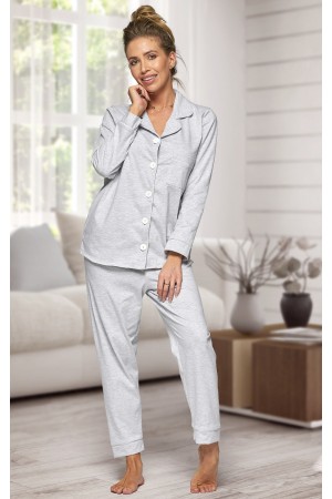 664 Women's Grey Long Cotton pajama with piping