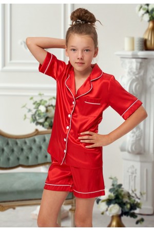 120 Red Kids Satin Short Sleeve pj's with piping
