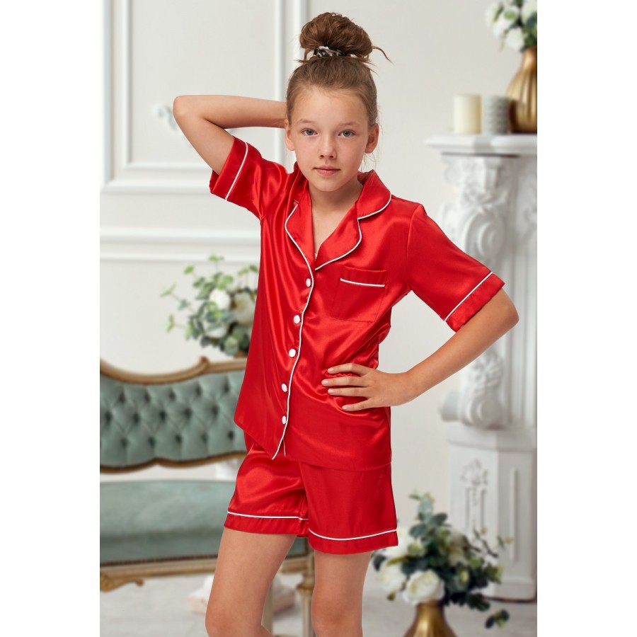 120 Red Kids Satin Short Sleeve pj's with piping