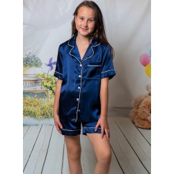 120 Navy Kids Satin Short Sleeve pj's with piping
