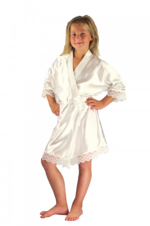 3202 Ivory Children Satin Robe with lace Discontinued
