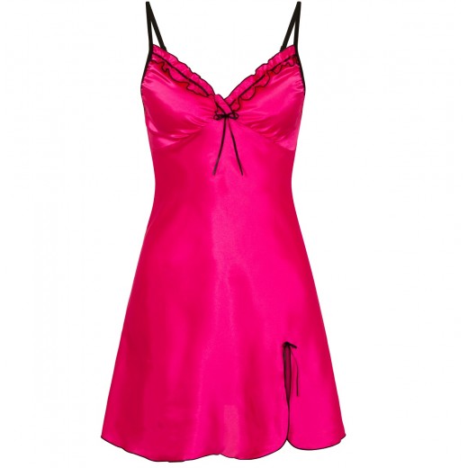 plus size-0502 Silky Satin Chemise With Sexy Side Split Hot Pink S - 5XL Babydolls-Nine X