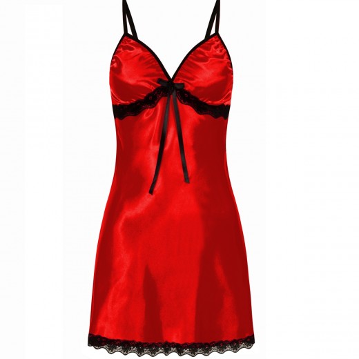 plus size-0512 Sexy Satin Chemise With Black Lace Trim Red S - 5XL Babydolls-Nine X