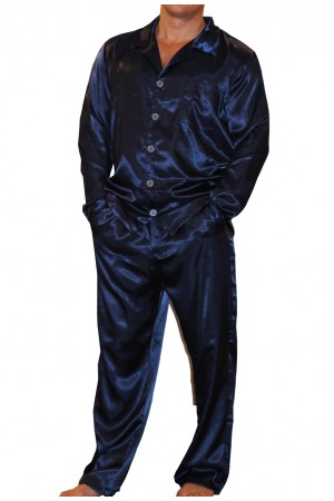 075 Navy Mens Satin Pyjama Set Full Sleeve Pj's Top & Bottoms S-4XL