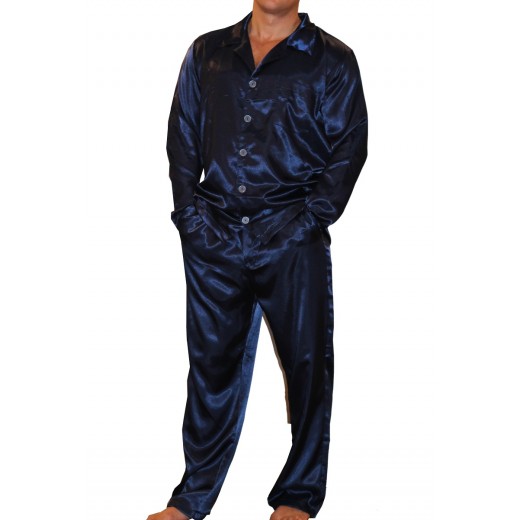 075 Navy Mens Satin Pyjama Set Long Sleeve Nightwear S-4XL - Nine X