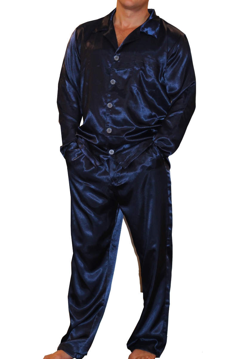 075 Navy Mens Satin Pyjama Set Long Sleeve Nightwear S4XL