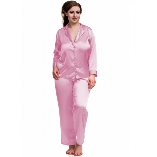 plus size-084 Baby  Pink Plus Size Satin Pyjama Set Long Sleeve Nightwear S-6XL Cami Sets-Nine X