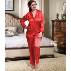 084 Red Plus Size Satin Pyjama Set Long Sleeve Nightwear S-6XL