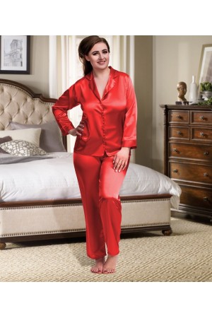 084 Red Plus Size Satin Pyjama Set Long Sleeve Nightwear S-6XL