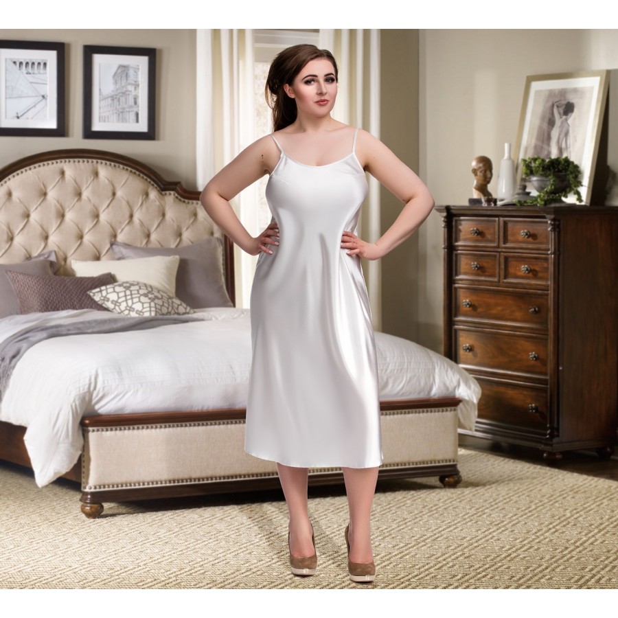081 White Long Satin Chemise Plus Size 8-24uk S-6XL